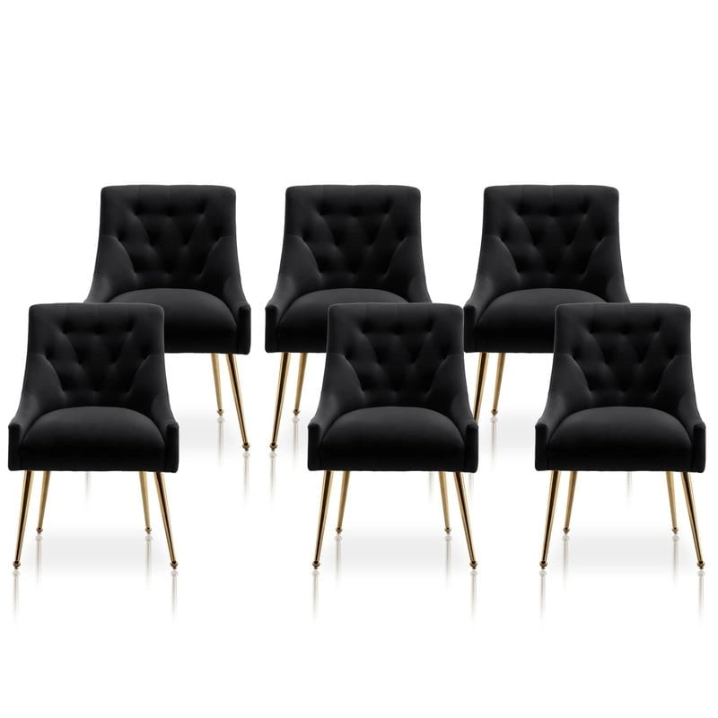 Verde / Velluto / Set da 6 — Sedie da pranzo imbottite con schienale trapuntato e anello a tirante color oro