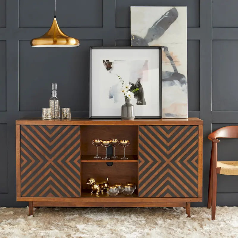 Mobile buffet/credenza Mid-Century Modern marrone tabacco/bianco e nero – Montaggio a 2 persone