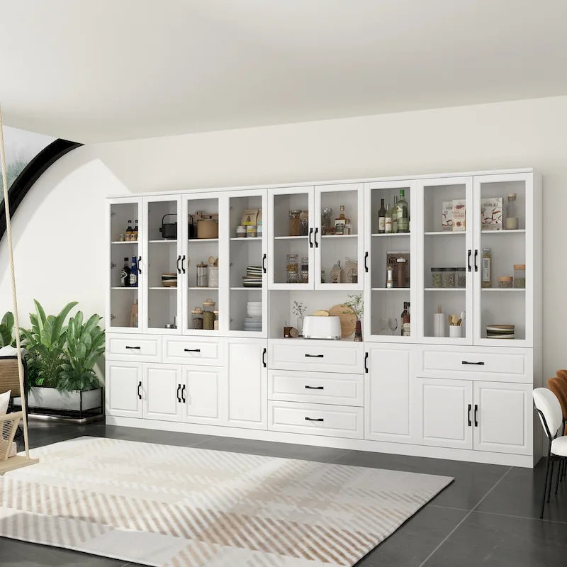 Large White Buffet Elegant Kitchen Cabinet with Glass Doors Dislplay
