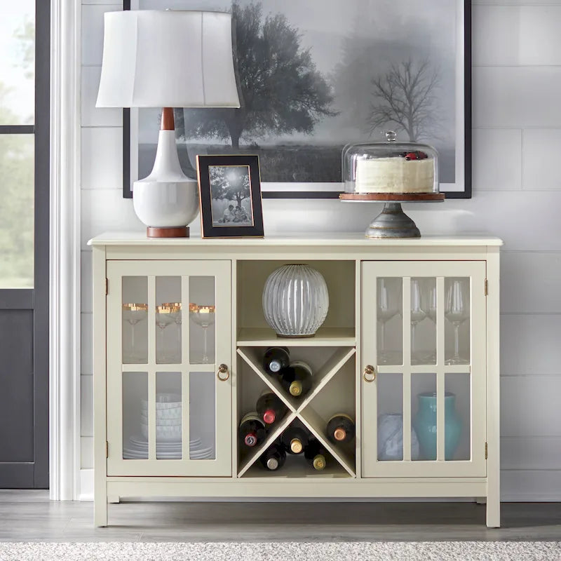 Credenza/buffet portabottiglie a 2 ante in vetro, colore rosso/nero/bianco antico, può contenere 12 bottiglie