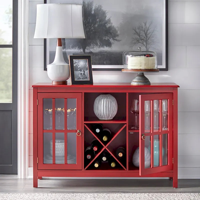 Credenza/buffet portabottiglie a 2 ante in vetro, colore rosso/nero/bianco antico, può contenere 12 bottiglie