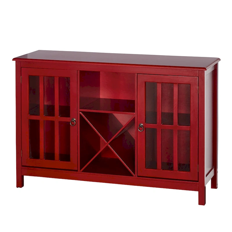 Credenza/buffet portabottiglie a 2 ante in vetro, colore rosso/nero/bianco antico, può contenere 12 bottiglie