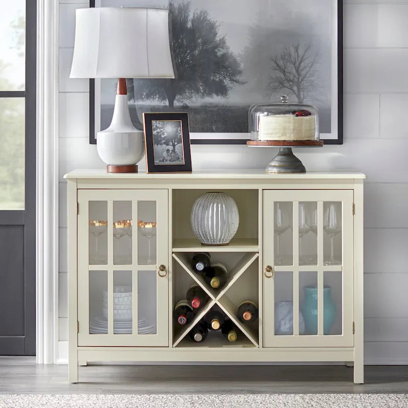 Credenza/buffet portabottiglie a 2 ante in vetro, colore rosso/nero/bianco antico, può contenere 12 bottiglie