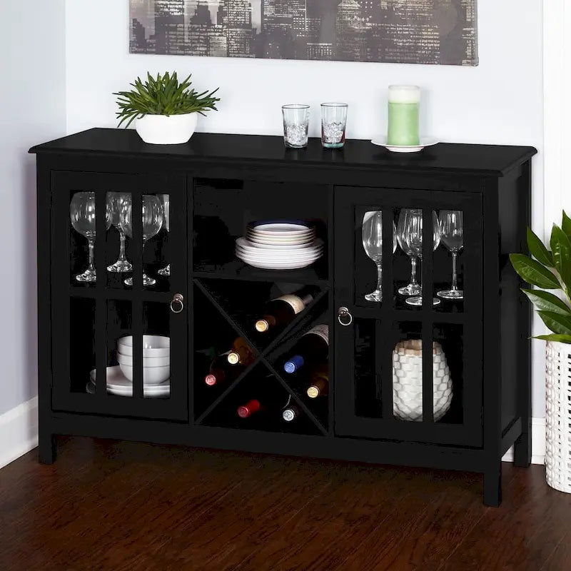 Credenza/buffet portabottiglie a 2 ante in vetro, colore rosso/nero/bianco antico, può contenere 12 bottiglie