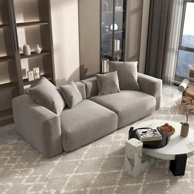 Divano componibile a L in velluto a coste nero / marrone chiaro / beige, 3-4 posti