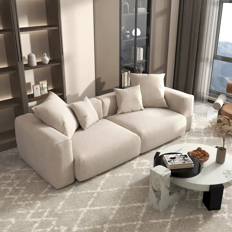 Divano componibile a L in velluto a coste nero / marrone chiaro / beige, 3-4 posti