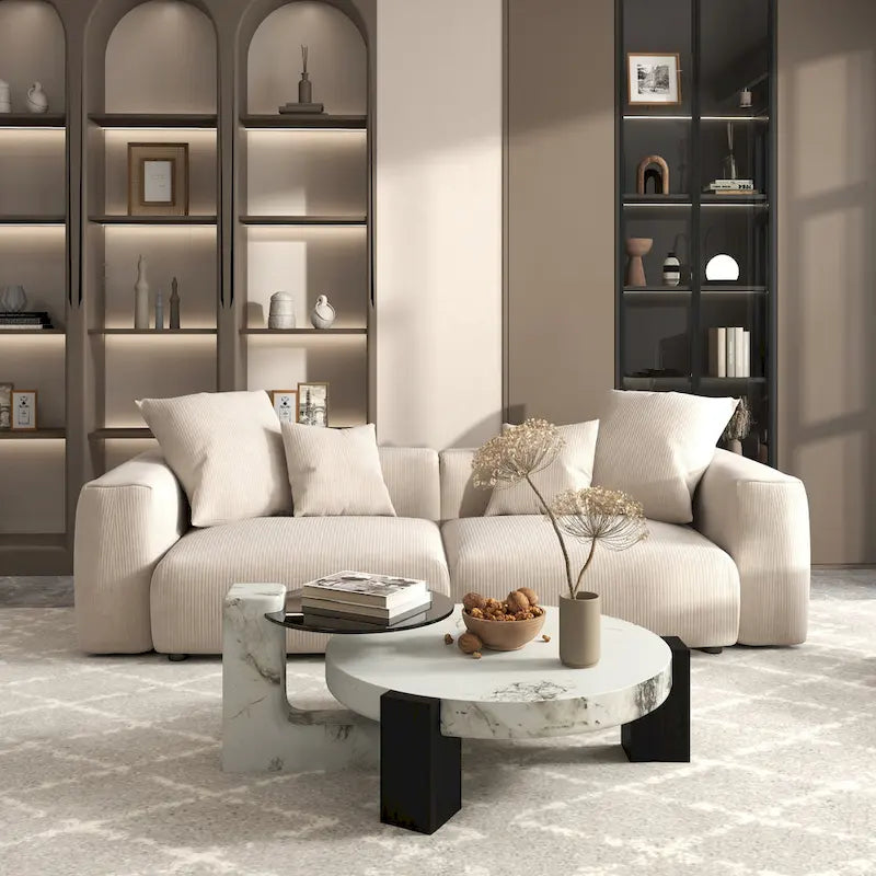Divano componibile a L in velluto a coste nero / marrone chiaro / beige, 3-4 posti