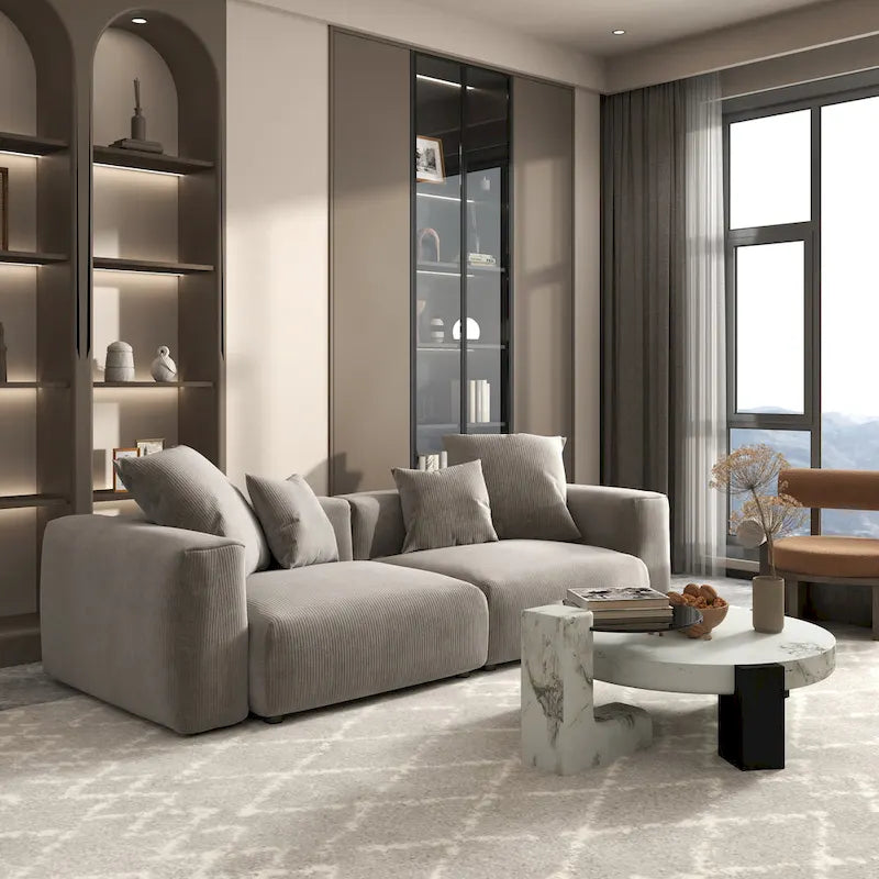 Divano componibile a L in velluto a coste nero / marrone chiaro / beige, 3-4 posti
