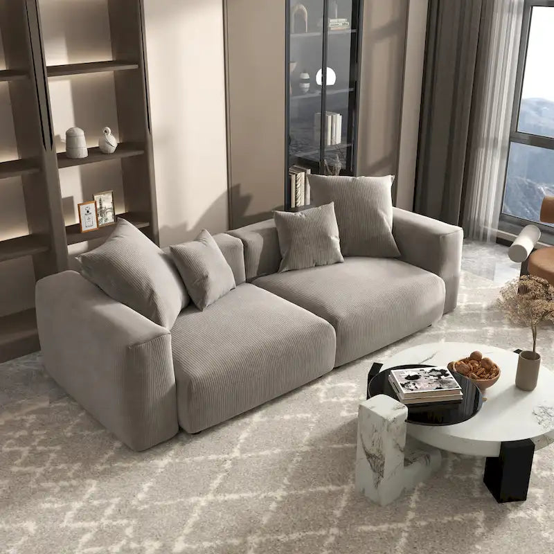 Divano componibile a L in velluto a coste nero / marrone chiaro / beige, 3-4 posti