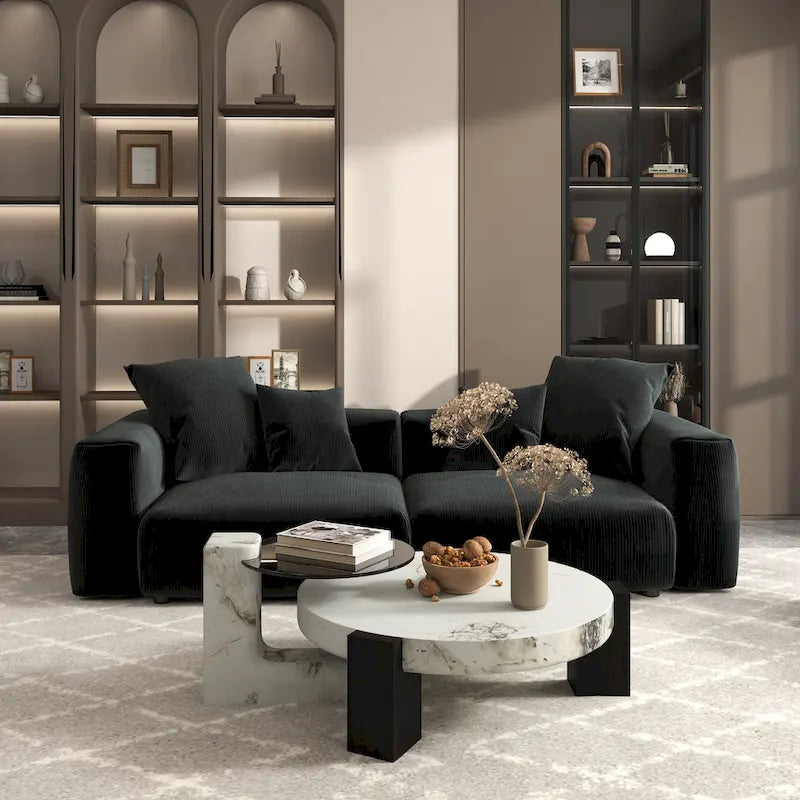 Divano componibile a L in velluto a coste nero / marrone chiaro / beige, 3-4 posti