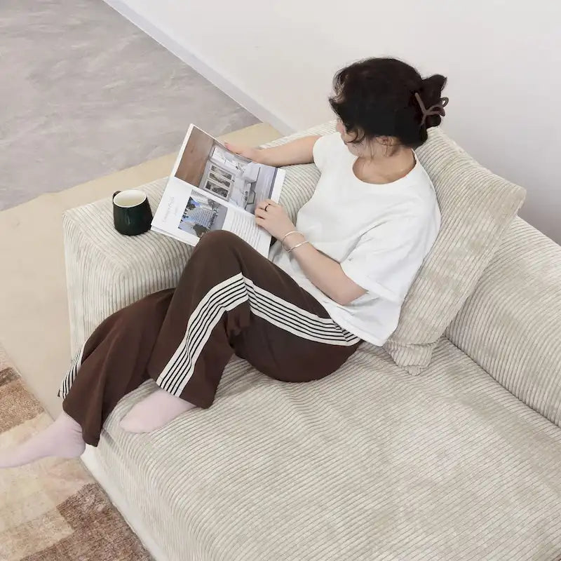 Divano componibile a L in velluto a coste nero / marrone chiaro / beige, 3-4 posti