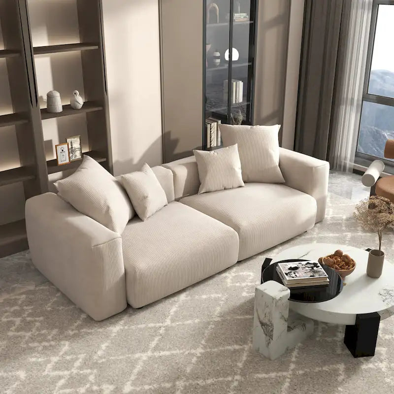 Divano componibile a L in velluto a coste nero / marrone chiaro / beige, 3-4 posti