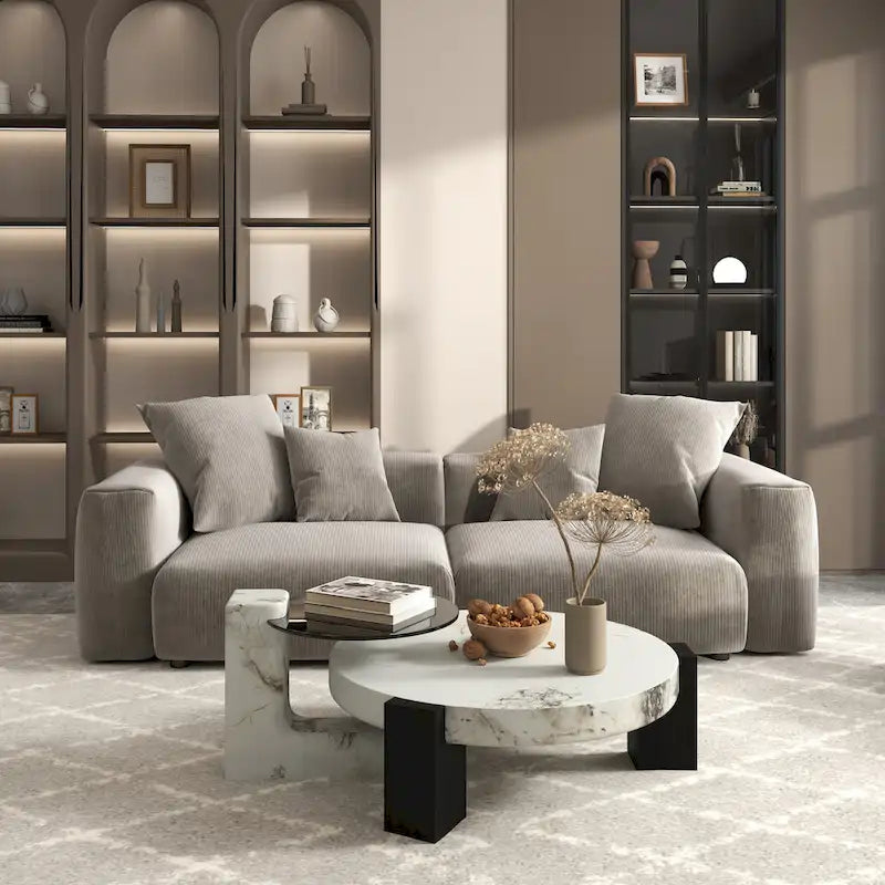 Divano componibile a L in velluto a coste nero / marrone chiaro / beige, 3-4 posti