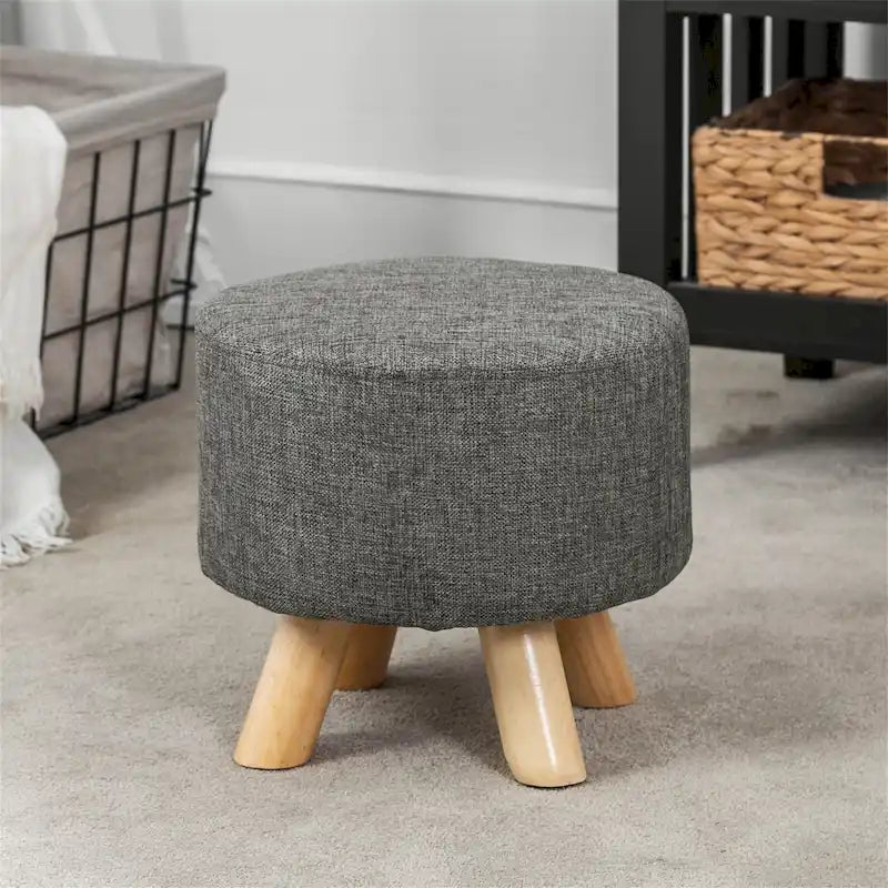 Pouf Ottomano Rotondo Poggiapiedi – Tessuto Lino, Gambe in Legno Massello, Vari Colori, 1 Persona