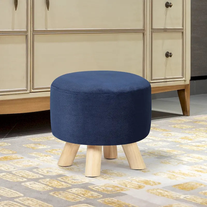 Pouf Ottomano Rotondo Poggiapiedi – Tessuto Lino, Gambe in Legno Massello, Vari Colori, 1 Persona