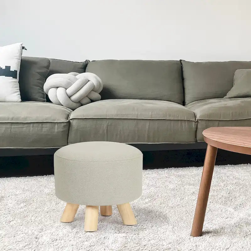 Pouf Ottomano Rotondo Poggiapiedi – Tessuto Lino, Gambe in Legno Massello, Vari Colori, 1 Persona