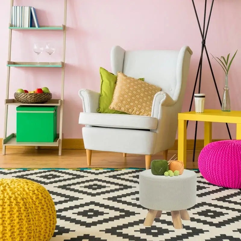 Pouf Ottomano Rotondo Poggiapiedi – Tessuto Lino, Gambe in Legno Massello, Vari Colori, 1 Persona