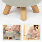 Pouf Ottomano Rotondo Poggiapiedi – Tessuto Lino, Gambe in Legno Massello, Vari Colori, 1 Persona