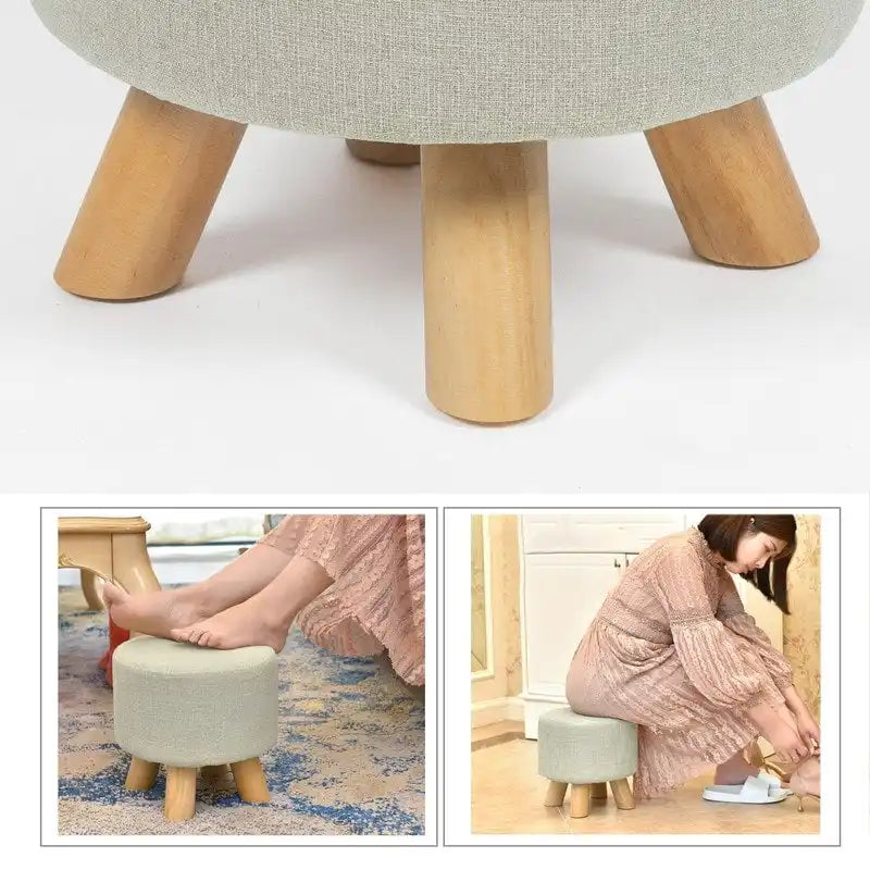 Pouf Ottomano Rotondo Poggiapiedi – Tessuto Lino, Gambe in Legno Massello, Vari Colori, 1 Persona