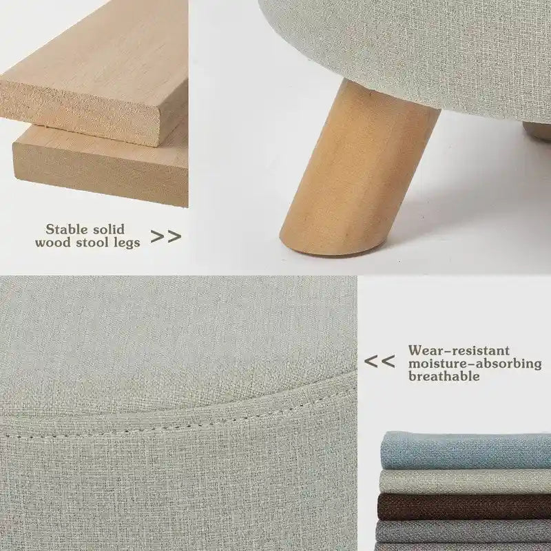 Pouf Ottomano Rotondo Poggiapiedi – Tessuto Lino, Gambe in Legno Massello, Vari Colori, 1 Persona