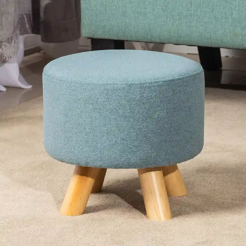 Pouf Ottomano Rotondo Poggiapiedi – Tessuto Lino, Gambe in Legno Massello, Vari Colori, 1 Persona