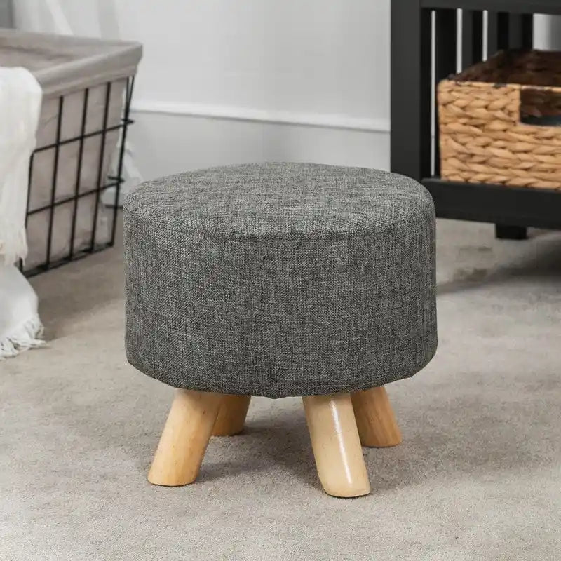 Pouf Ottomano Rotondo Poggiapiedi – Tessuto Lino, Gambe in Legno Massello, Vari Colori, 1 Persona