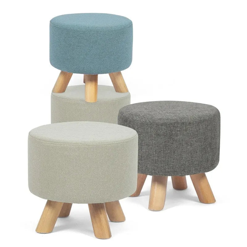 Pouf Ottomano Rotondo Poggiapiedi – Tessuto Lino, Gambe in Legno Massello, Vari Colori, 1 Persona