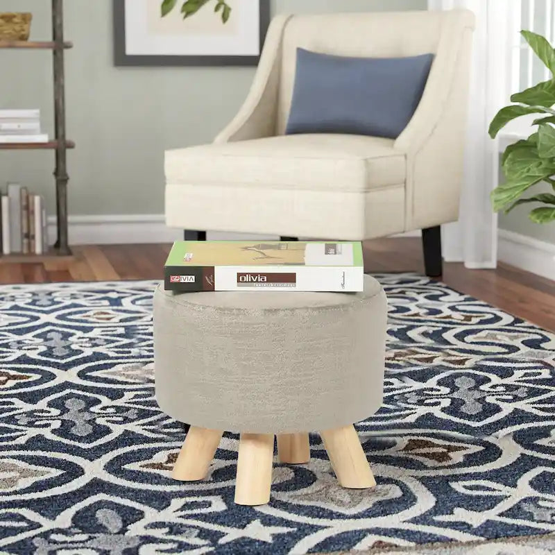 Pouf Ottomano Rotondo Poggiapiedi – Tessuto Lino, Gambe in Legno Massello, Vari Colori, 1 Persona