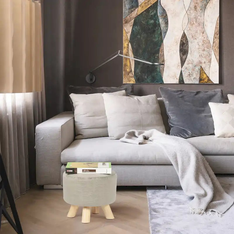 Pouf Ottomano Rotondo Poggiapiedi – Tessuto Lino, Gambe in Legno Massello, Vari Colori, 1 Persona