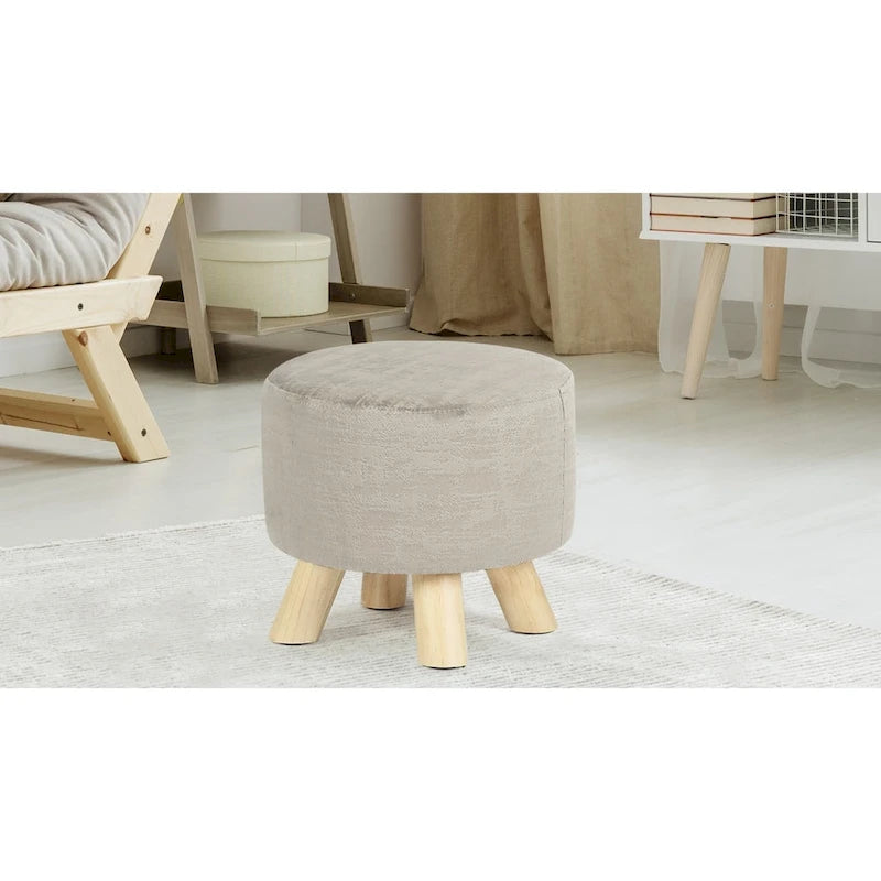 Pouf Ottomano Rotondo Poggiapiedi – Tessuto Lino, Gambe in Legno Massello, Vari Colori, 1 Persona