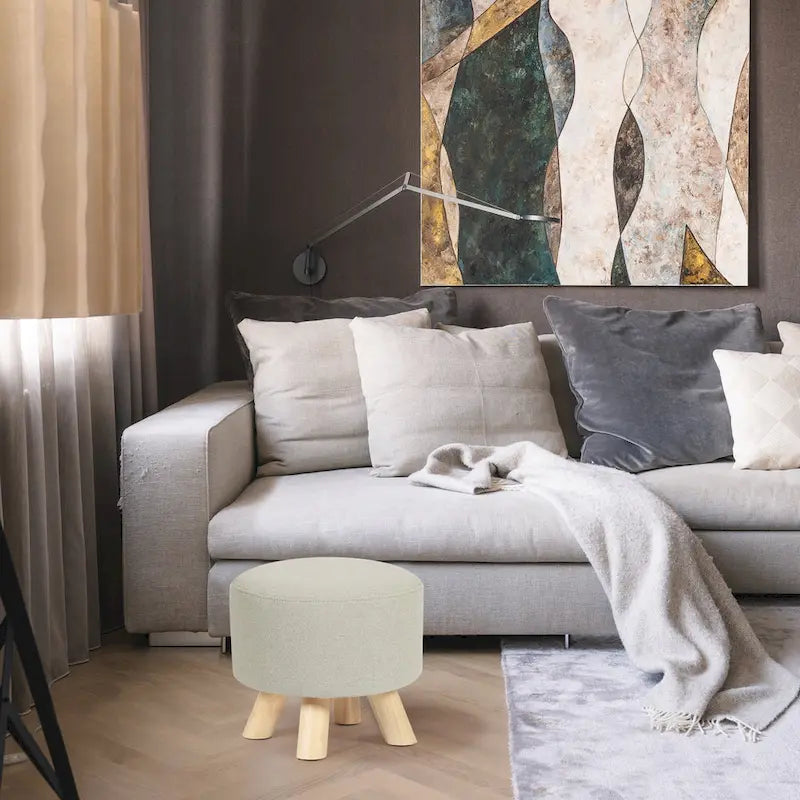 Pouf Ottomano Rotondo Poggiapiedi – Tessuto Lino, Gambe in Legno Massello, Vari Colori, 1 Persona