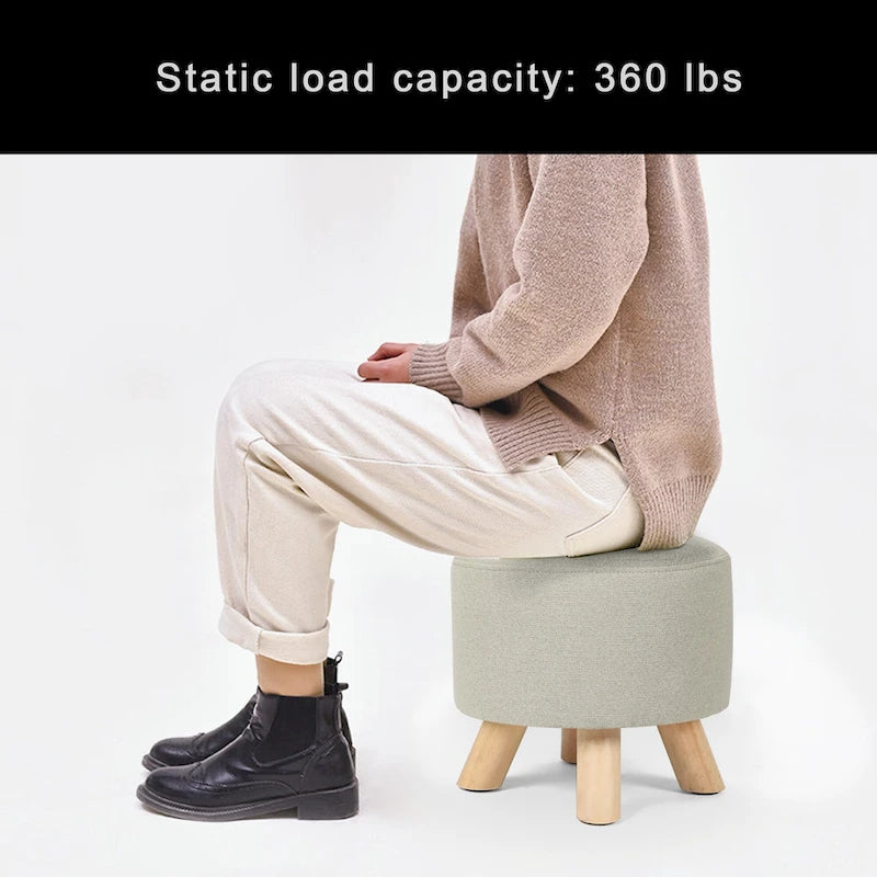 Pouf Ottomano Rotondo Poggiapiedi – Tessuto Lino, Gambe in Legno Massello, Vari Colori, 1 Persona