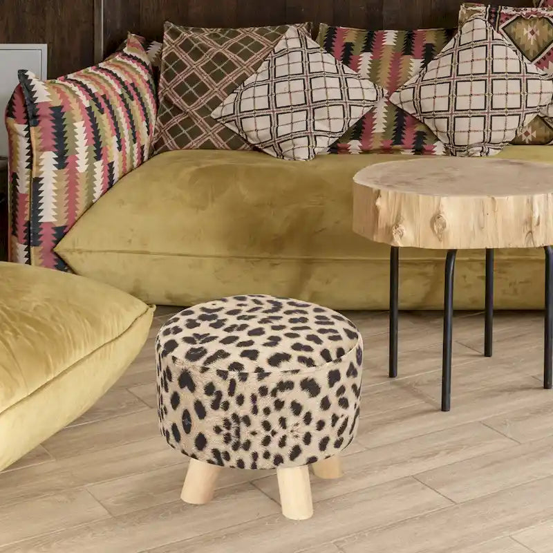 Pouf Ottomano Rotondo Poggiapiedi – Tessuto Lino, Gambe in Legno Massello, Vari Colori, 1 Persona