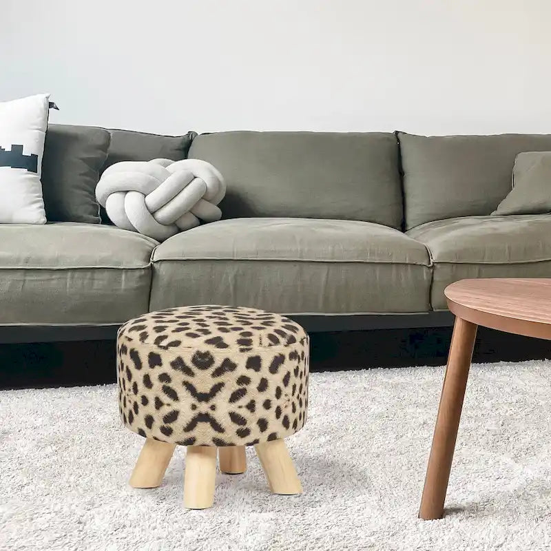 Pouf Ottomano Rotondo Poggiapiedi – Tessuto Lino, Gambe in Legno Massello, Vari Colori, 1 Persona