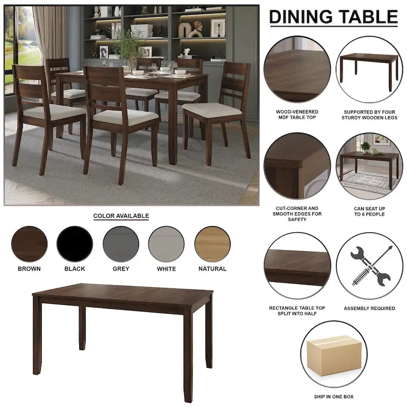 Tavolo da pranzo rettangolare a 6 posti – Piano in impiallacciatura di legno, nero / marrone / grigio / bianco / rovere naturale