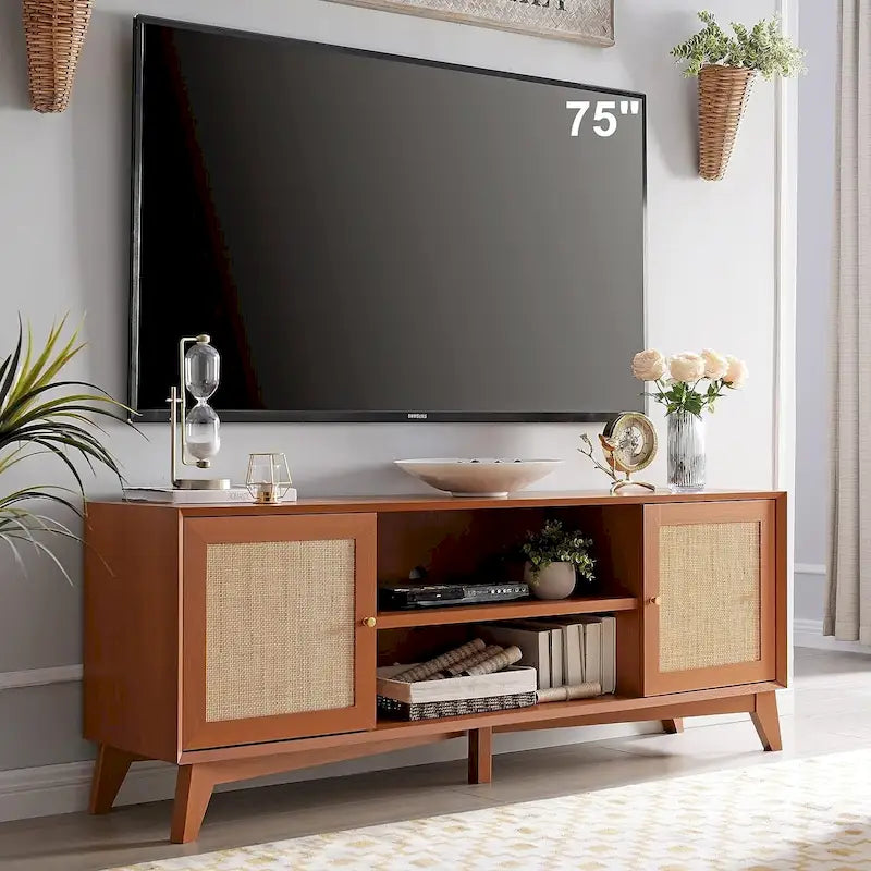 Mobile TV in rattan stile mid-century ciliegio/bianco/rovere naturale, adatto per TV fino a 75"