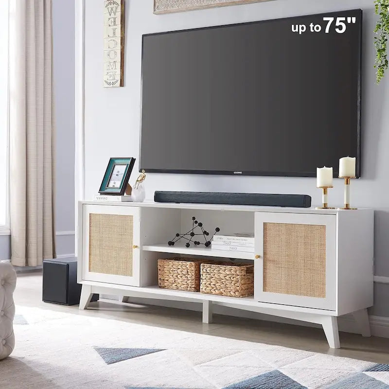 Mobile TV in rattan stile mid-century ciliegio/bianco/rovere naturale, adatto per TV fino a 75"
