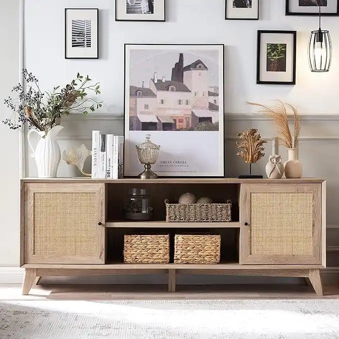 Mid-Century Modern Rattan TV Stand for 75  TV, Entertainment Center