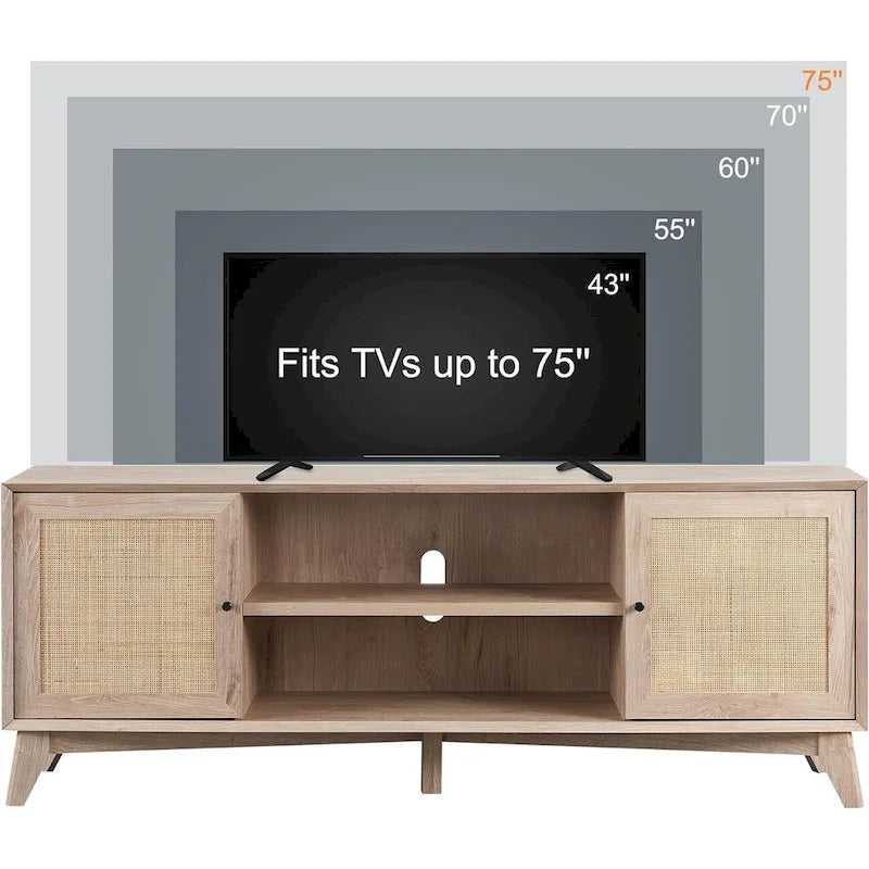 Mobile TV in rattan stile mid-century ciliegio/bianco/rovere naturale, adatto per TV fino a 75"
