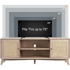 Mobile TV in rattan stile mid-century ciliegio/bianco/rovere naturale, adatto per TV fino a 75"