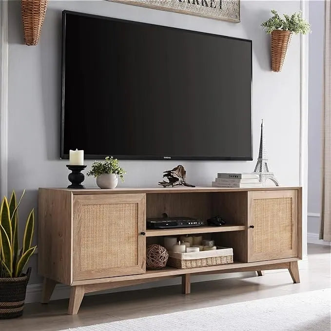 Mobile TV in rattan stile mid-century ciliegio/bianco/rovere naturale, adatto per TV fino a 75"