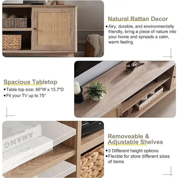 Mobile TV in rattan stile mid-century ciliegio/bianco/rovere naturale, adatto per TV fino a 75"