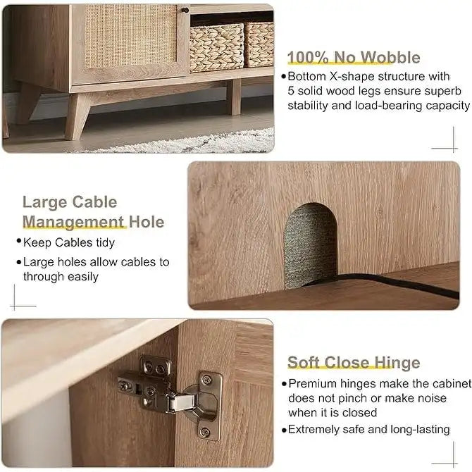 Mobile TV in rattan stile mid-century ciliegio/bianco/rovere naturale, adatto per TV fino a 75"