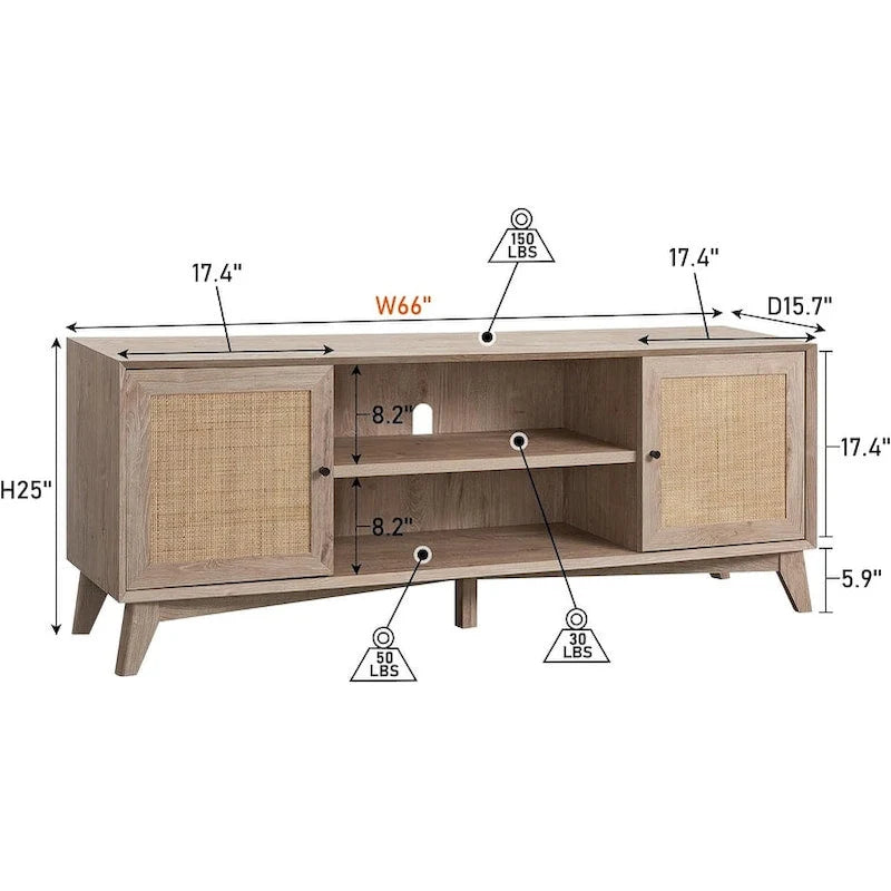 Mobile TV in rattan stile mid-century ciliegio/bianco/rovere naturale, adatto per TV fino a 75"