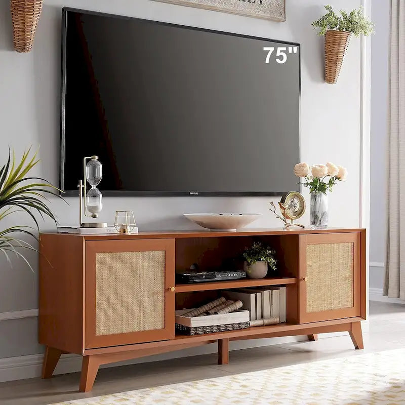 Mobile TV in rattan stile mid-century ciliegio/bianco/rovere naturale, adatto per TV fino a 75"