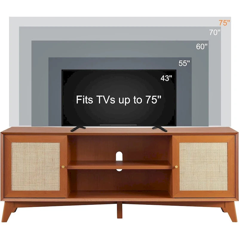 Mobile TV in rattan stile mid-century ciliegio/bianco/rovere naturale, adatto per TV fino a 75"