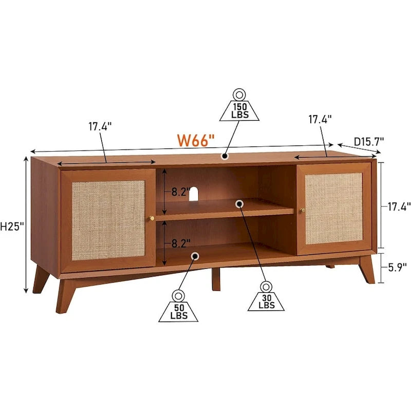 Mobile TV in rattan stile mid-century ciliegio/bianco/rovere naturale, adatto per TV fino a 75"