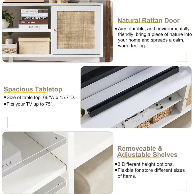 Mobile TV in rattan stile mid-century ciliegio/bianco/rovere naturale, adatto per TV fino a 75"