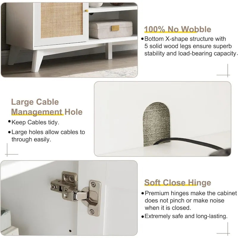 Mobile TV in rattan stile mid-century ciliegio/bianco/rovere naturale, adatto per TV fino a 75"