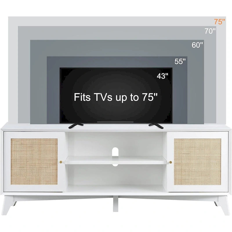 Mobile TV in rattan stile mid-century ciliegio/bianco/rovere naturale, adatto per TV fino a 75"